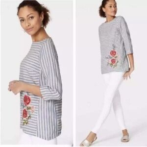 J. Jill Love Linen‎ Floral Embroidered Top Blouse Blue 3/4 Sleeve Size XS